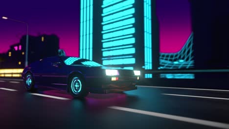 animación de bucle 3d retro de fondo de los años 80. conducción de automóviles futuristas a través de la ciudad de neón.