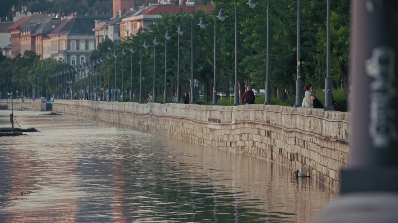 People by a stone wall overlooking a flooded riverside with tall trees and lamps. Budapest Flood 2024