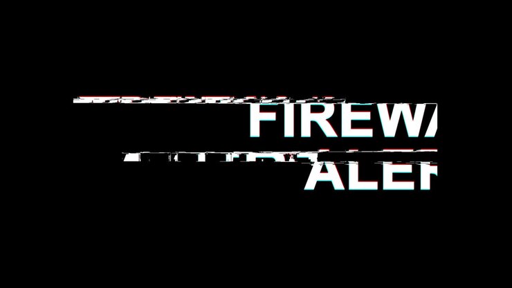 Testo "Avviso firewall" con effetto glitch, distorsione TV digitale, animazione in loop 4K