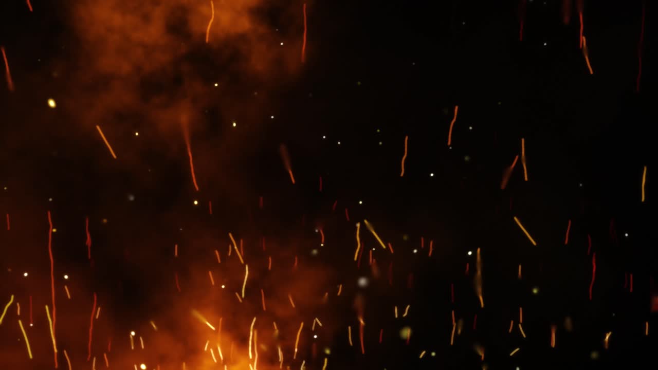 A looping, 4K slow motion animation of sparks, embers, and smoke, coming up from an off screen source, with heat distortion