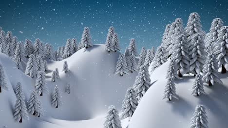 Snow-falling-over-multiple-trees-on-winter-landscape-against-blue-sky