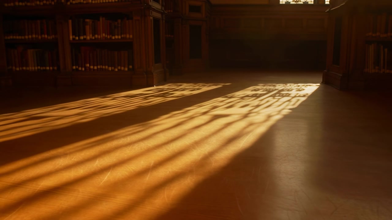 Interno di una biblioteca vuota con alte librerie che rivestono entrambi i lati, luce solare calda che cade su un pavimento in legno e forti ombre a strisce che si estendono nell'oscurità.