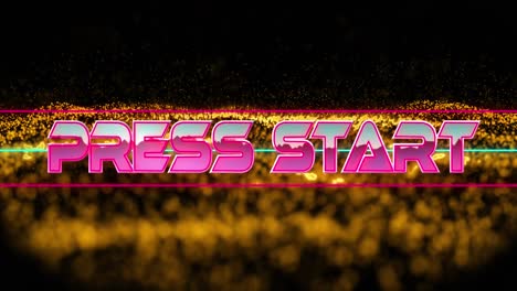 animation of press start text in pink metallic letters over gold mesh