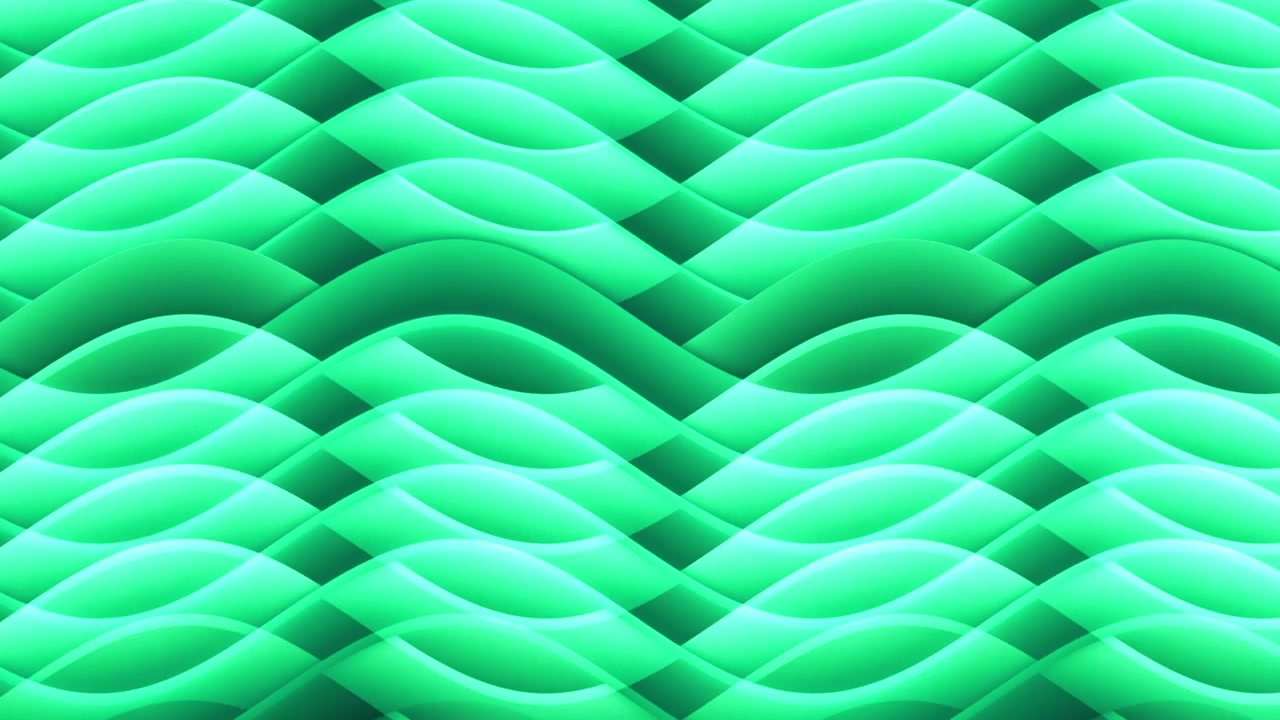 An elegant looping animation of luminous green ribbons forming layered, gliding waves that fold into soft valleys and bright ridges, creating a smooth, hypnotic feel of depth and continuous flow