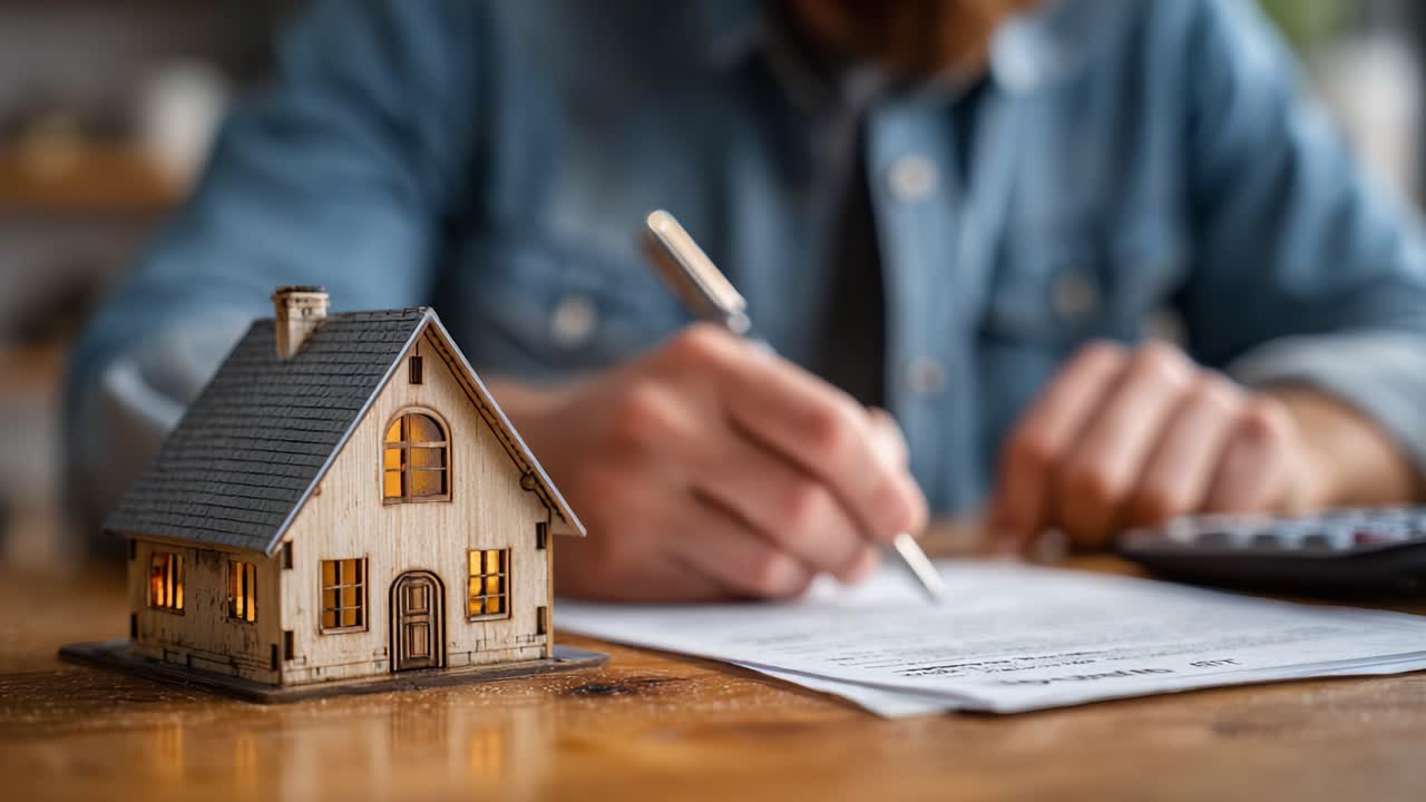 Examinando documentos importantes: un primer plano de una maqueta de casa de madera situada junto a una persona que firma papeles, simbolizando transacciones inmobiliarias.