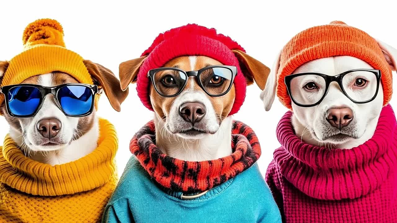 Three dogs wearing hats and glasses are posing for a picture | freepik