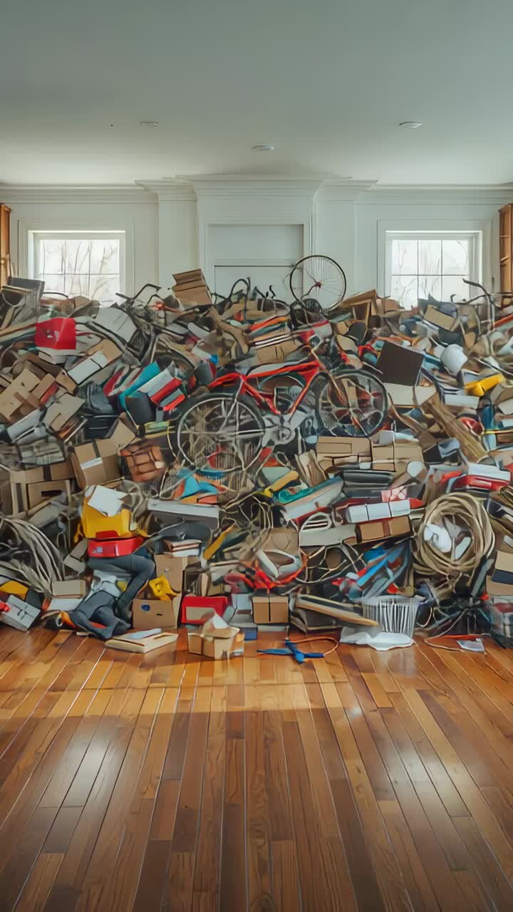 Vertical video: Zooming camera revealing massive pile by fireplace, showing red bicycle and boxes