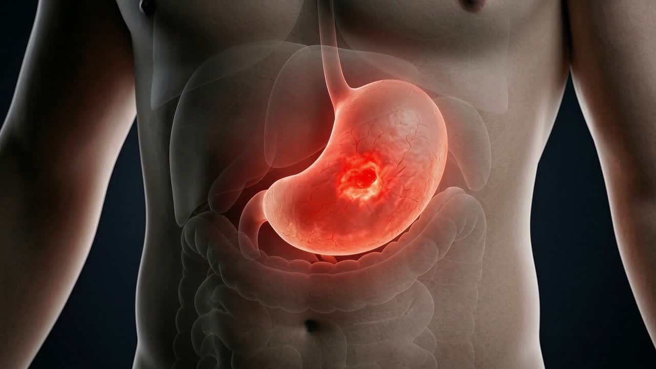 Torso umano con sistema digestivo trasparente che mostra un'ulcera gastrica infiammata all'interno dell'addome in vista medica