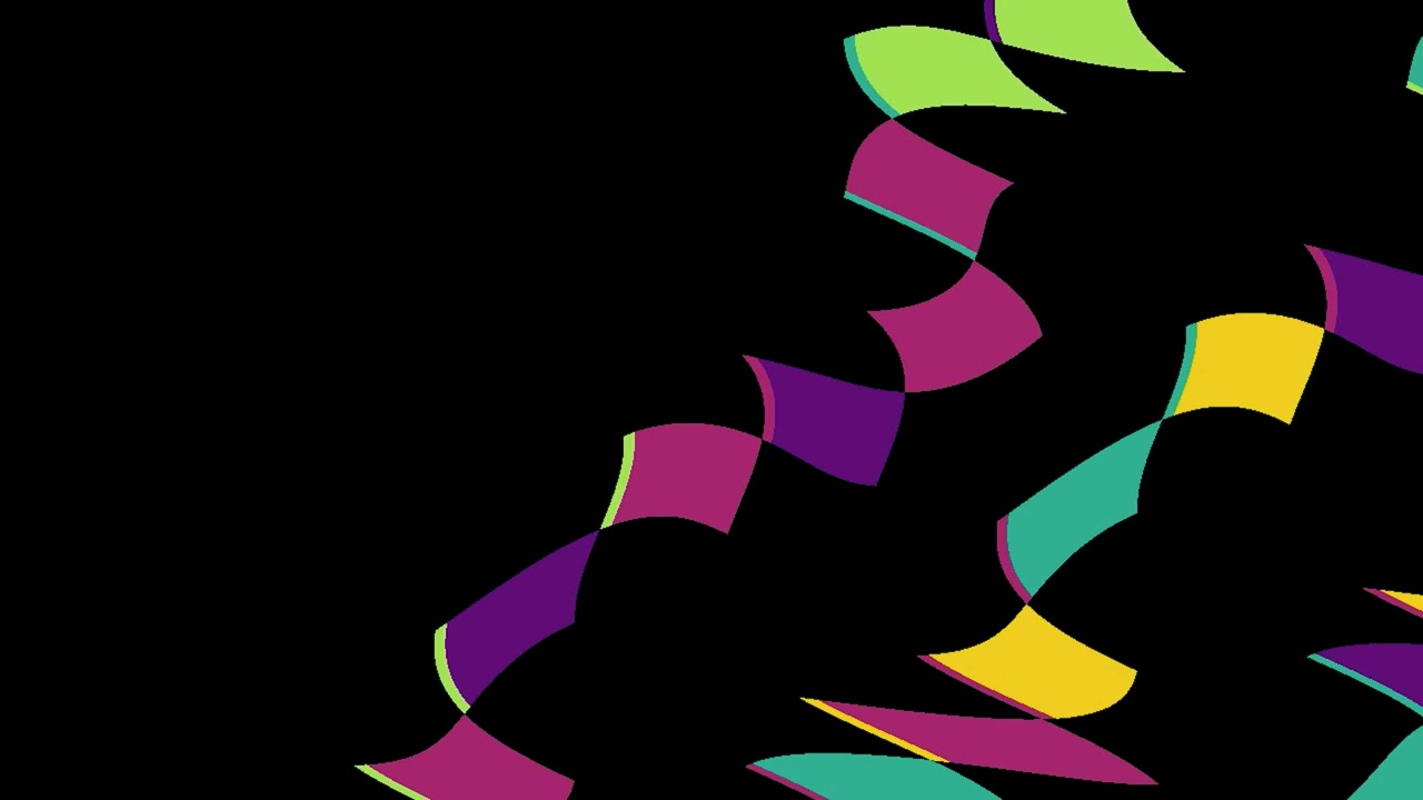 Motion graphic astratto con nastri ondulati colorati su sfondo nero.