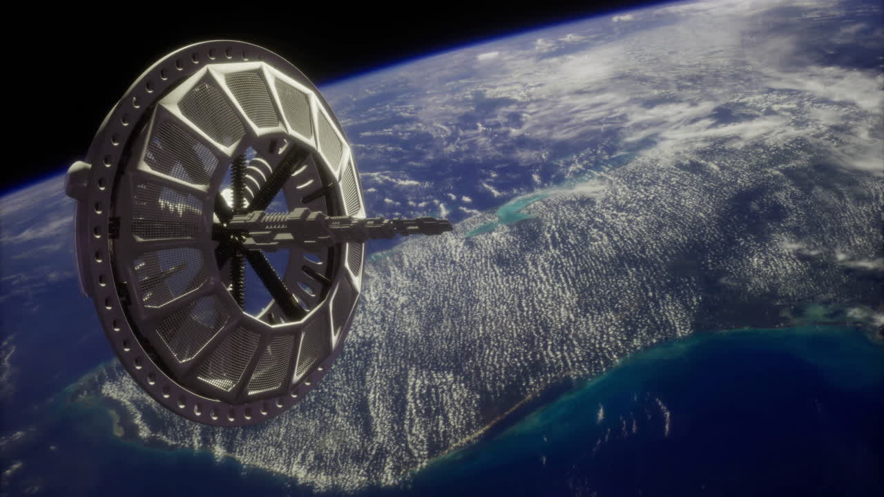 Exploration of outer space featuring a futuristic space station above earth