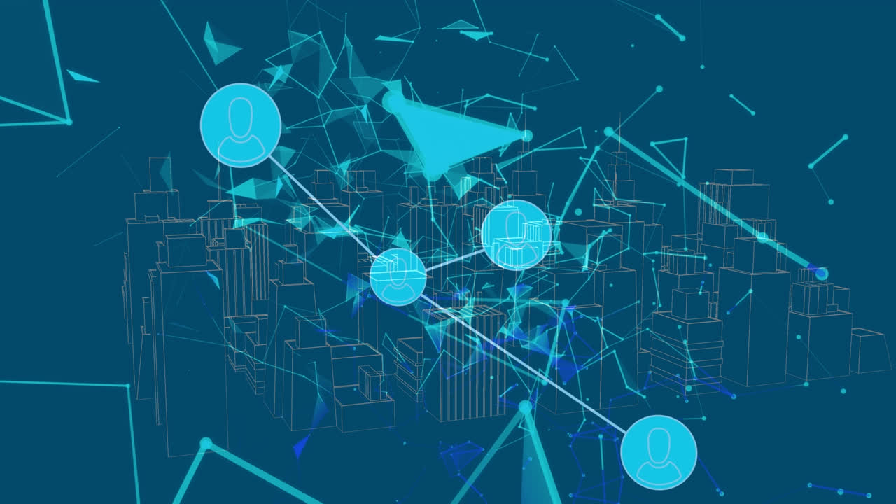Animation of geometric shapes connecting dots with 3d urban city on digital interface
