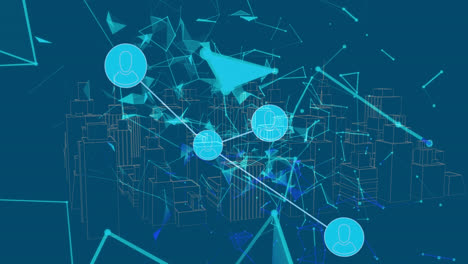 animation of geometric shapes connecting dots with 3d urban city on digital interface