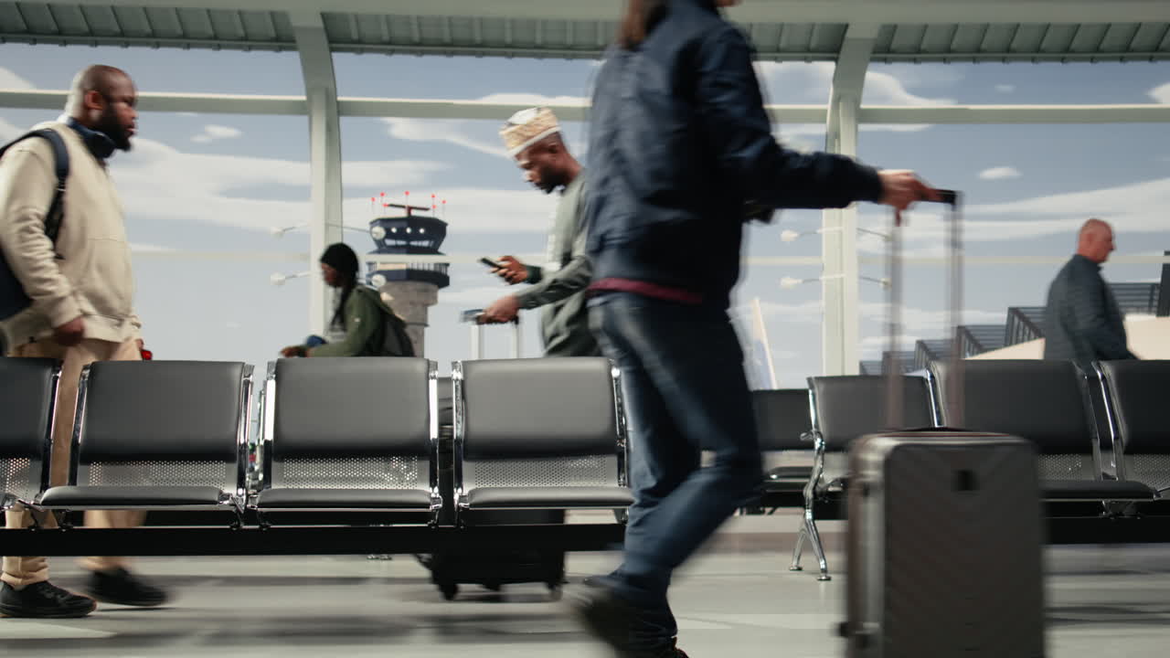Multiculturele mannen en vrouwen die pendelen in een transportknooppunt op de luchthaven