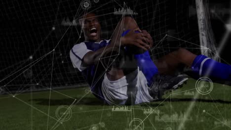 Animation-of-network-of-connections-over-african-american-male-soccer-player-holding-his-leg-in-pain