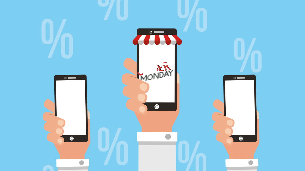 스마트 폰을 사용하여 손으로 사이버 월요일 애니메이션