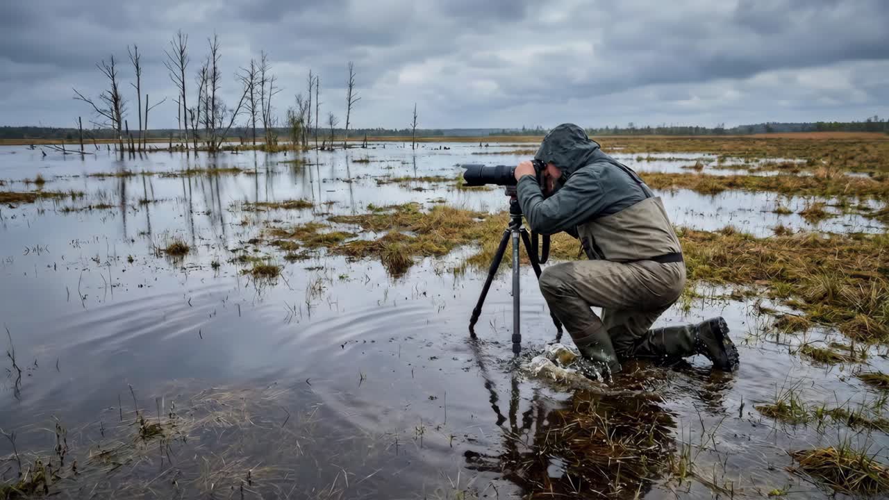 Fotograf knelende i oversvømmet våtmark som tar bilder med teleobjektiv