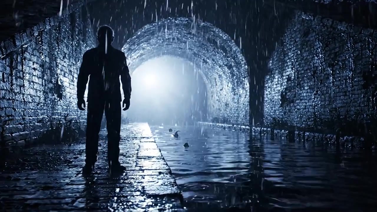 Una figura solitaria si erge in un tunnel buio e bagnato dalla pioggia, illuminato da una luce misteriosa, evocando un senso di suspense e intrigo in un'atmosfera inquietante.