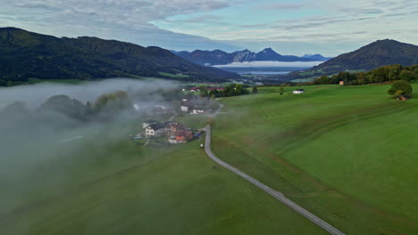 aerial deep misty fog valley wonderful nature landscape, mountain background natural village