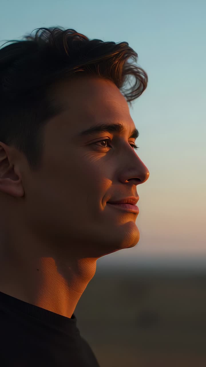 Vertical video: Smiling man in dark shirt watching sun descending to horizon, catching warm light