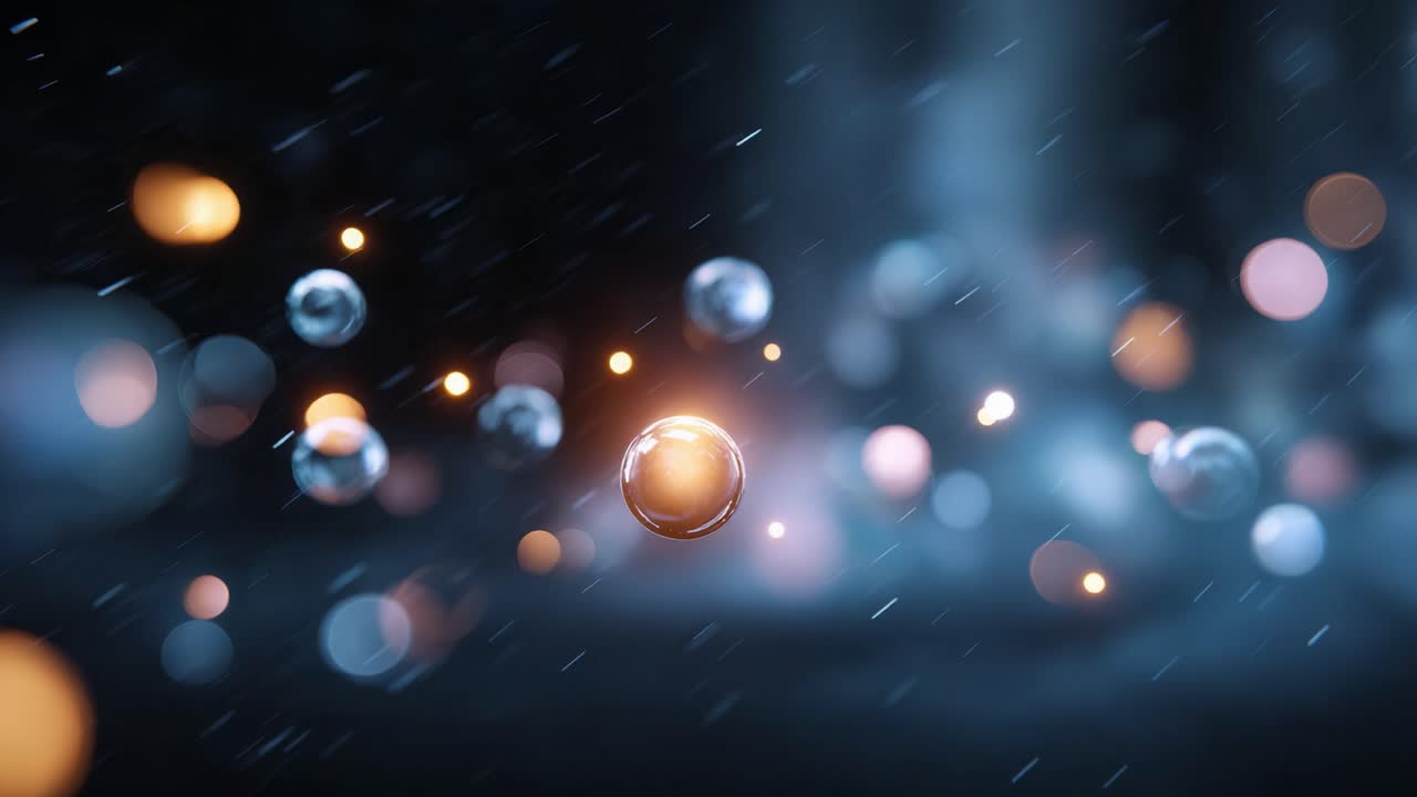 Uno spettacolo affascinante di bolle fluttuanti che luccicano di riflessi, su uno sfondo scuro, creando un'atmosfera onirica ed eterea, piena di luce e colore.