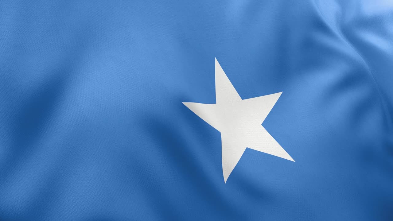 Realistic animation of Somali national flag waving gently. Light blue field with white Star of Unity. Seamless loop for national pride themes Somalia