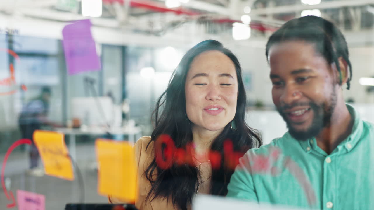 High five, success and people on glass moodboard