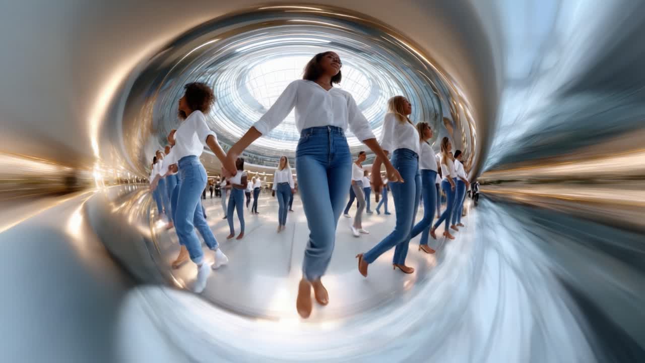 Dynamic Dance Performance in a Modern Space: A Group of Dancers Moving in Harmony, Showcasing Contemporary Choreography and Fluid Movements Against a Circular Backdrop