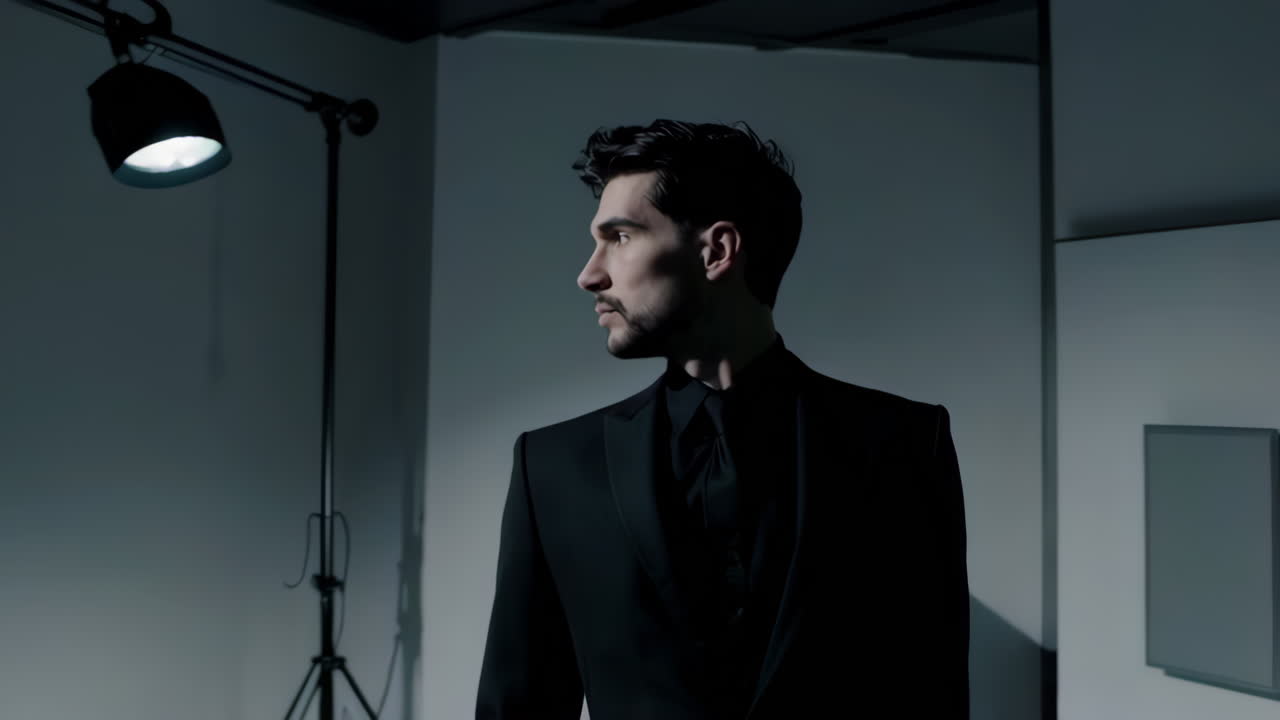 Man in a Dark Suit in a Moody Studio Setting