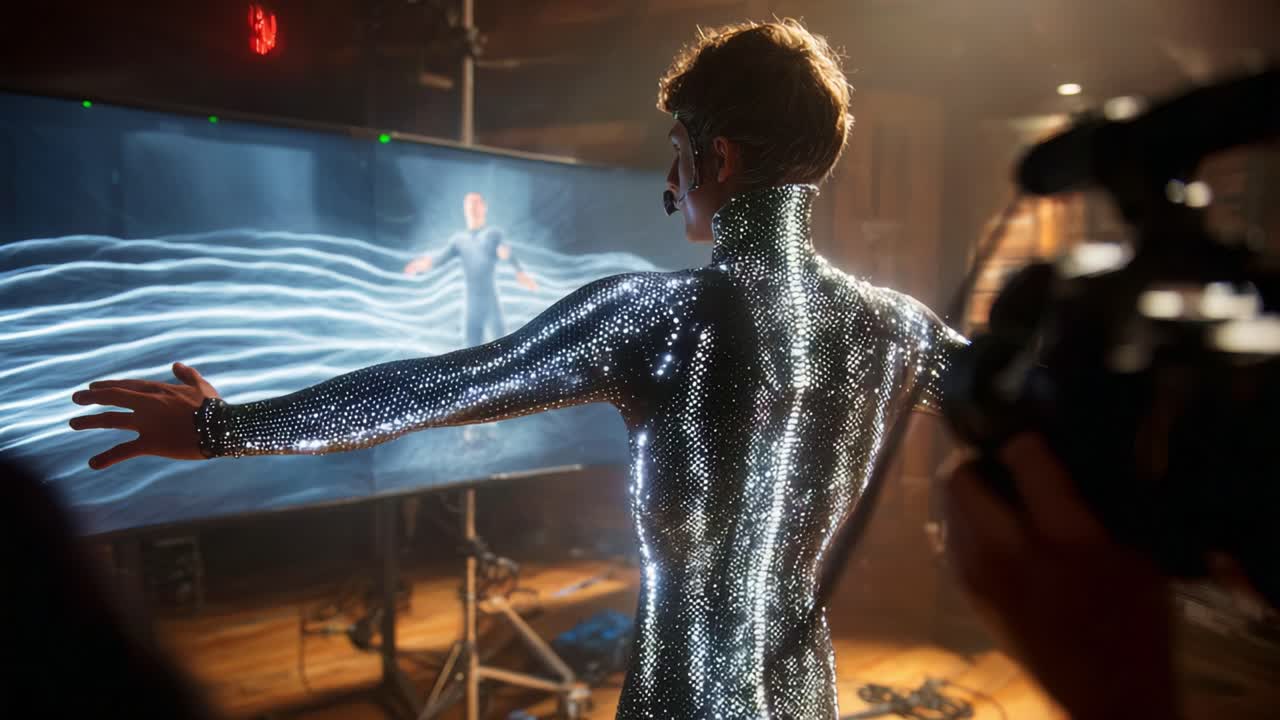 A futuristic scene showcasing a performer in a reflective bodysuit interacting with a high-tech screen displaying holographic visuals, merging technology and art in a captivating display