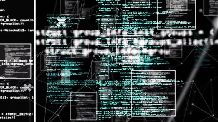 Animatie van meerdere vierkanten, computertaal en verbonden stippen over een zwarte achtergrond