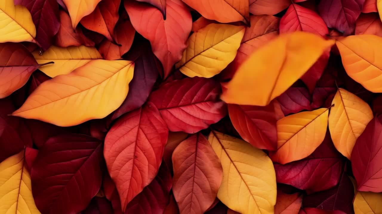 A vibrant top-down video shot of colorful autumn leaves in red, orange, and yellow hues