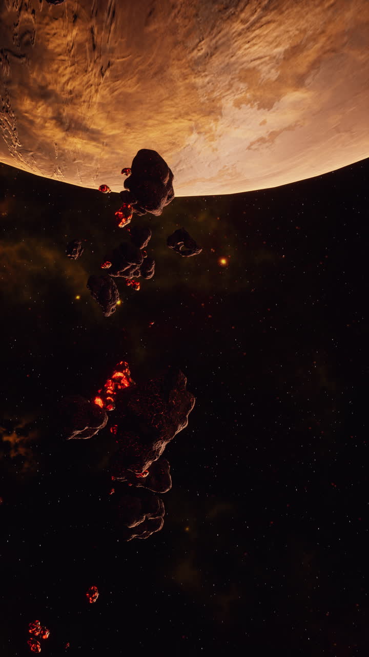 un primer plano de un gran campo de asteroides que orbita un planeta en una galaxia