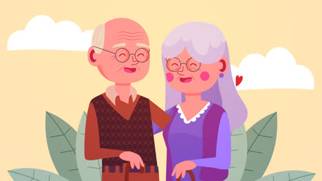 motion graphic of flat design grandparents holding each other