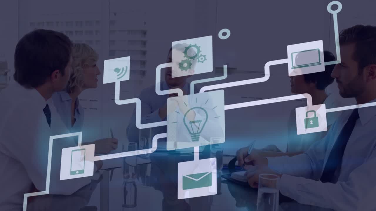 animación de una red de iconos digitales contra diversos empresarios que discuten en la oficina.