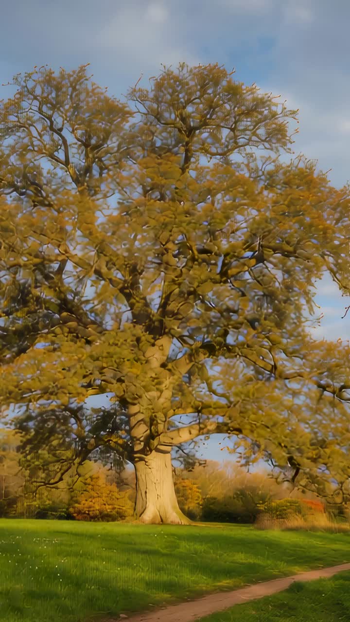 Video verticale: albero di quercia ondeggiante, brezza che soffia, carrellata della camera verso l'alto che rivela la chioma e il sentiero nel parco