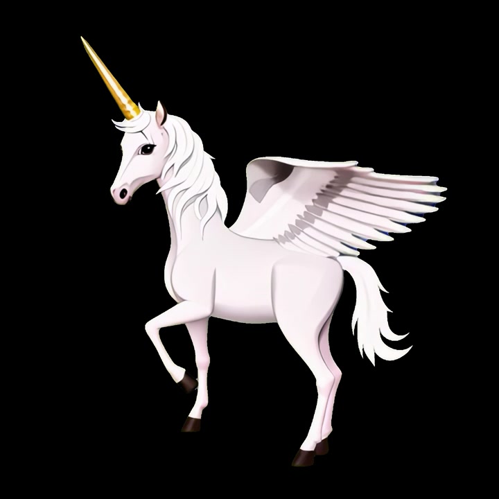 Animated White Unicorn with Wings Standing on Black Background