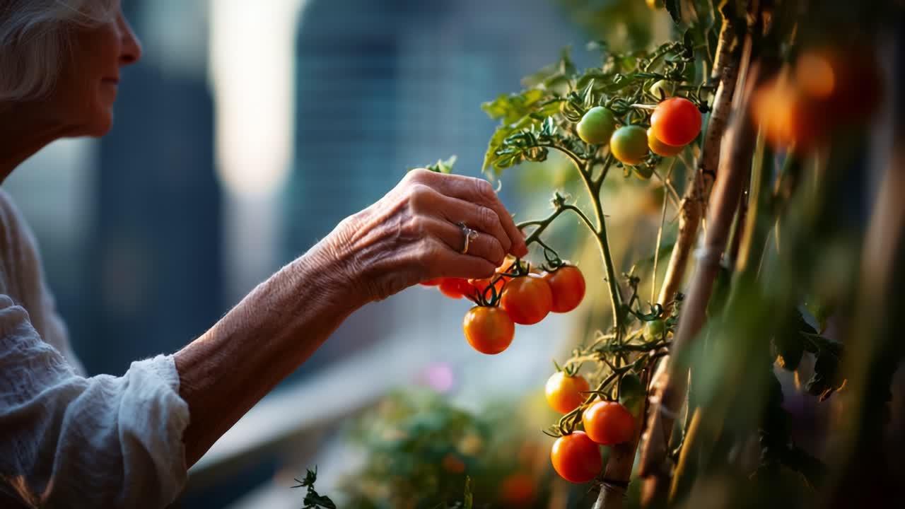 A Dedicated Gardener Collecting Ripe Tomatoes from Her Urban Garden as the Evening Sun Sets, Enthralled by Nature's Bounty in a Bustling City Landscape