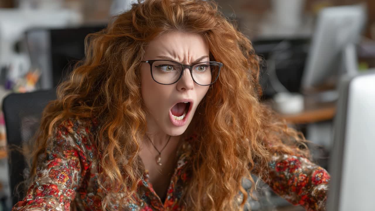 Intense Emotional Reaction from a Frustrated Woman During Work on a Computer Displaying Anger, Stress, and Determination in an Office Setting