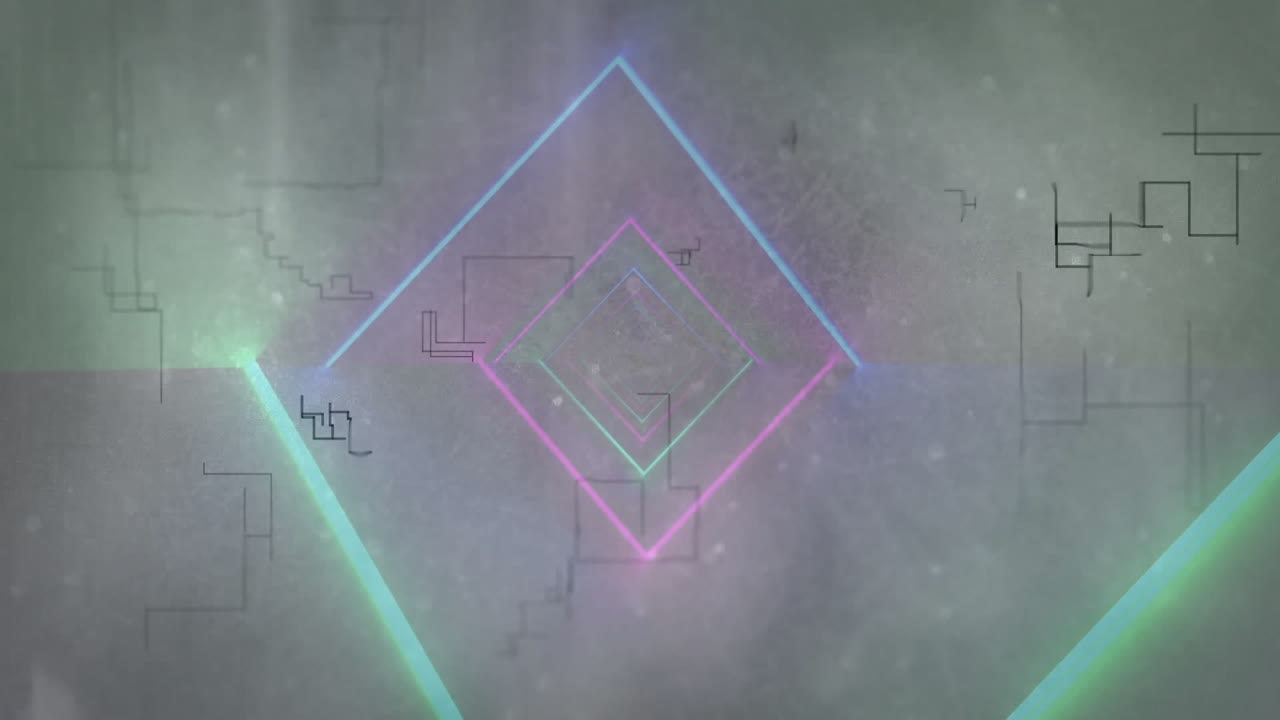 Animation of neon shapes over black lines on grey background
