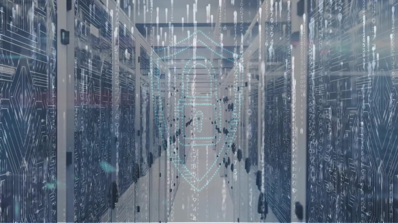 Animation of digital shield with padlock over servers