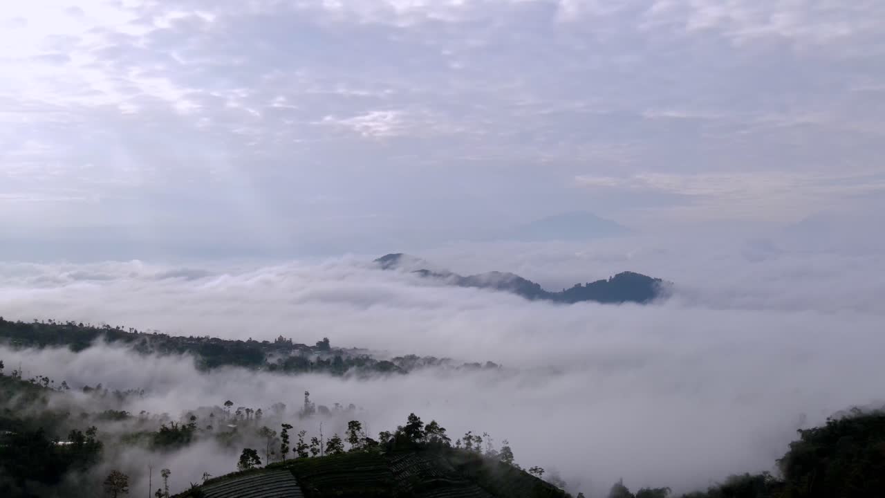 인도네시아 의  ⁇ 은 날 에 구름 의 천장 이 있는 열대 산지 풍경 을 촬영 한 영화
