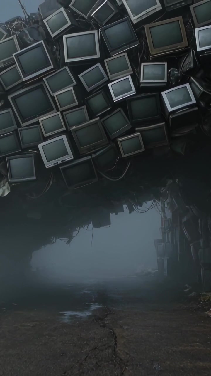 Vertical video: Panning camera revealing CRT pile arch in alley, exposing fog and hanging cables