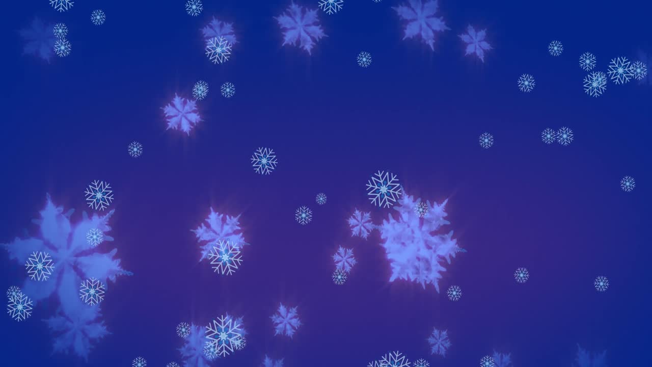 Animation of snowflakes icons falling over blue background with copy space