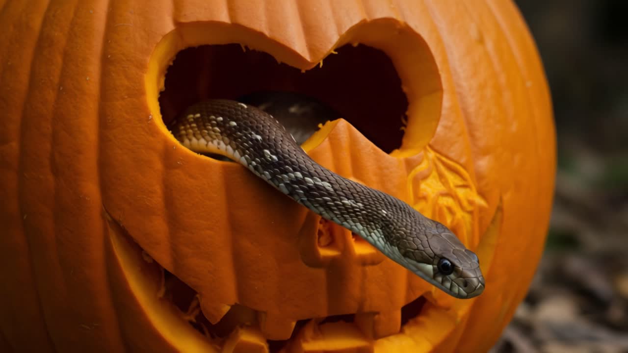 A Curious Snake Emerges from a Carved Pumpkin, Showcasing a Unique Halloween Twist with an Intriguing and Mysterious Vibe