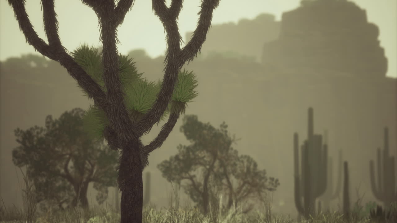 Desert landscape showcasing unique vegetation and distant mountains at dusk