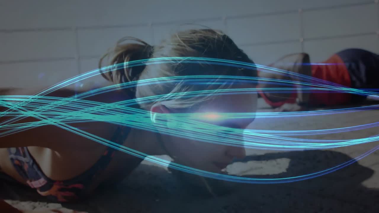 animación de la red de conexiones sobre mujeres y hombres que hacen ejercicio al aire libre