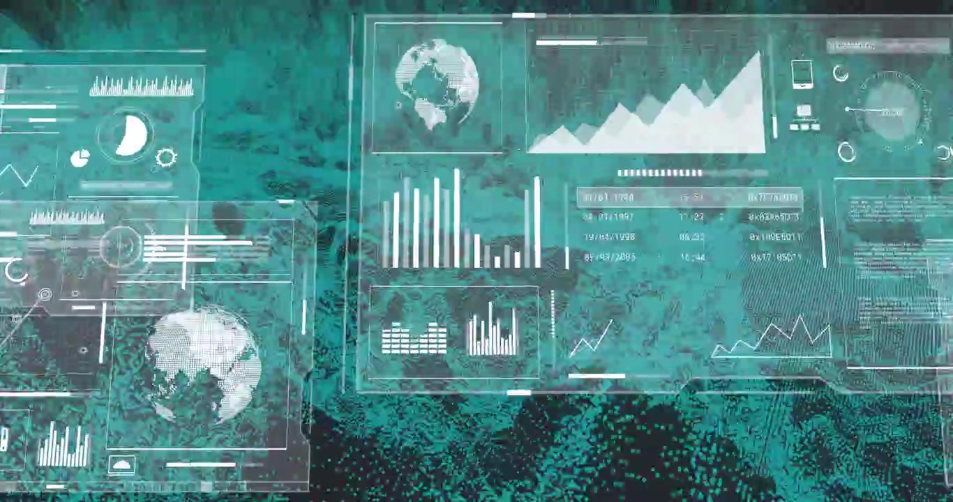 HUD panel appearing right, HUDs sliding left, expanding, forming data UI over teal particle field