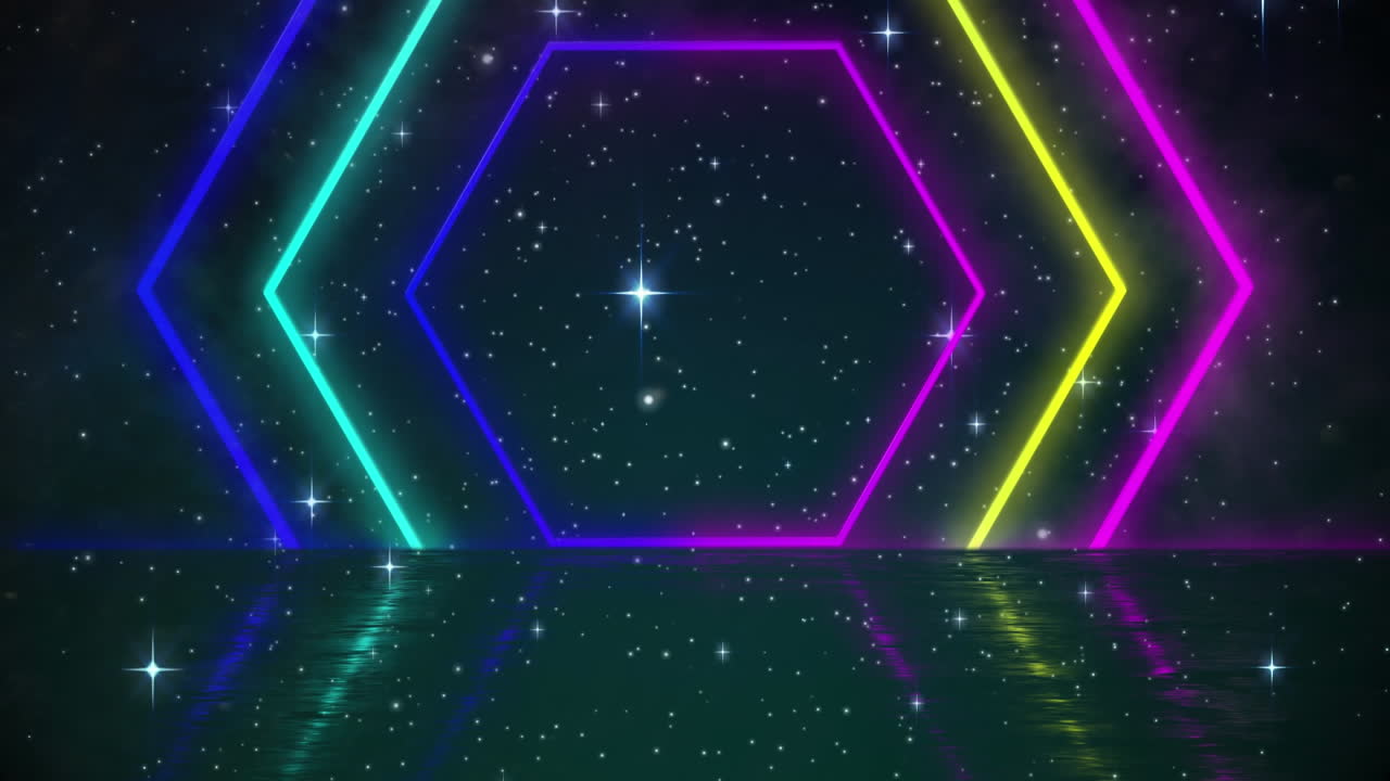 Digitální animace barevných neonových šestiúhelníků na pozadí zářících hvězd na černém pozadí.