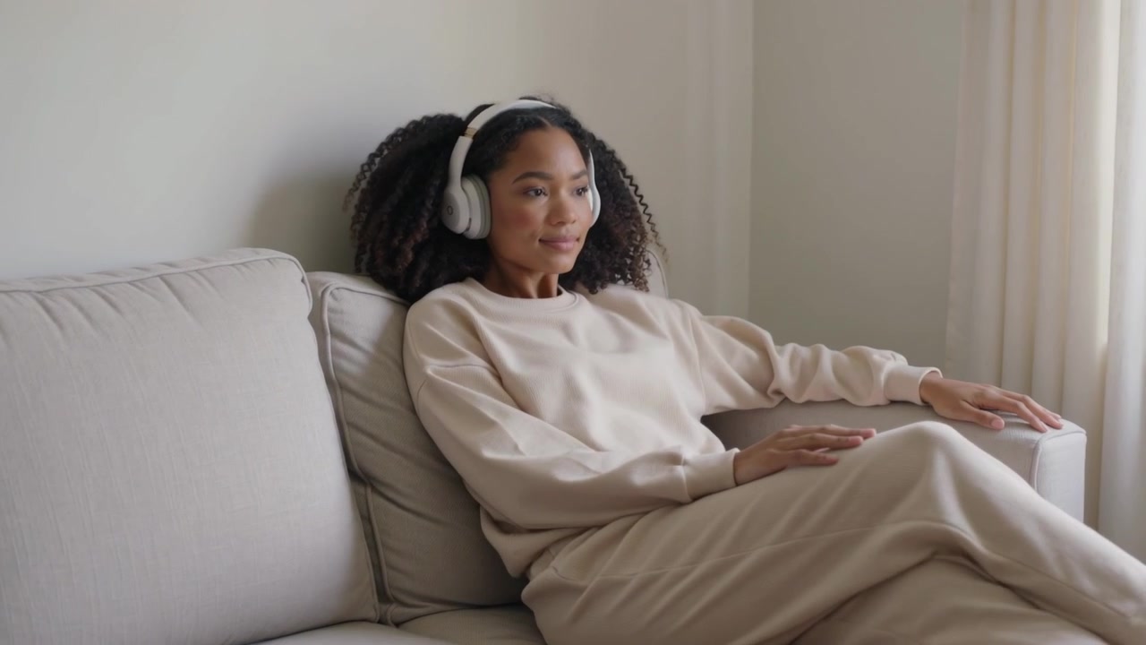 Sitting woman in beige set settling on sofa at home relaxing listening on headphones, copy space