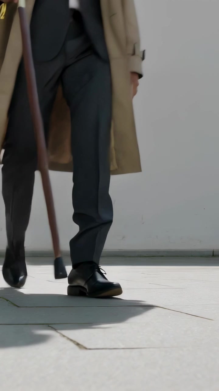 Video verticale: Un uomo che entra, in trench beige e completo, cammina su un marciapiede piastrellato, appoggiando il bastone